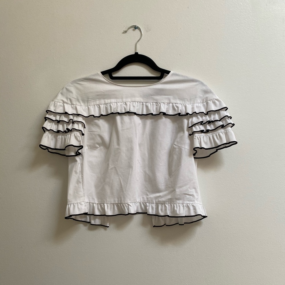 Zara Ruffle Trim Button Back Poplin Shirt XS